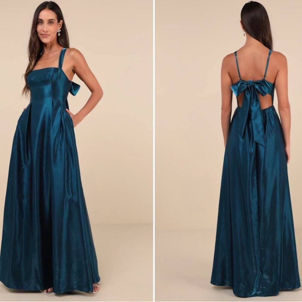 Lulu's Teal Satin A-Line Gown with Bow Back